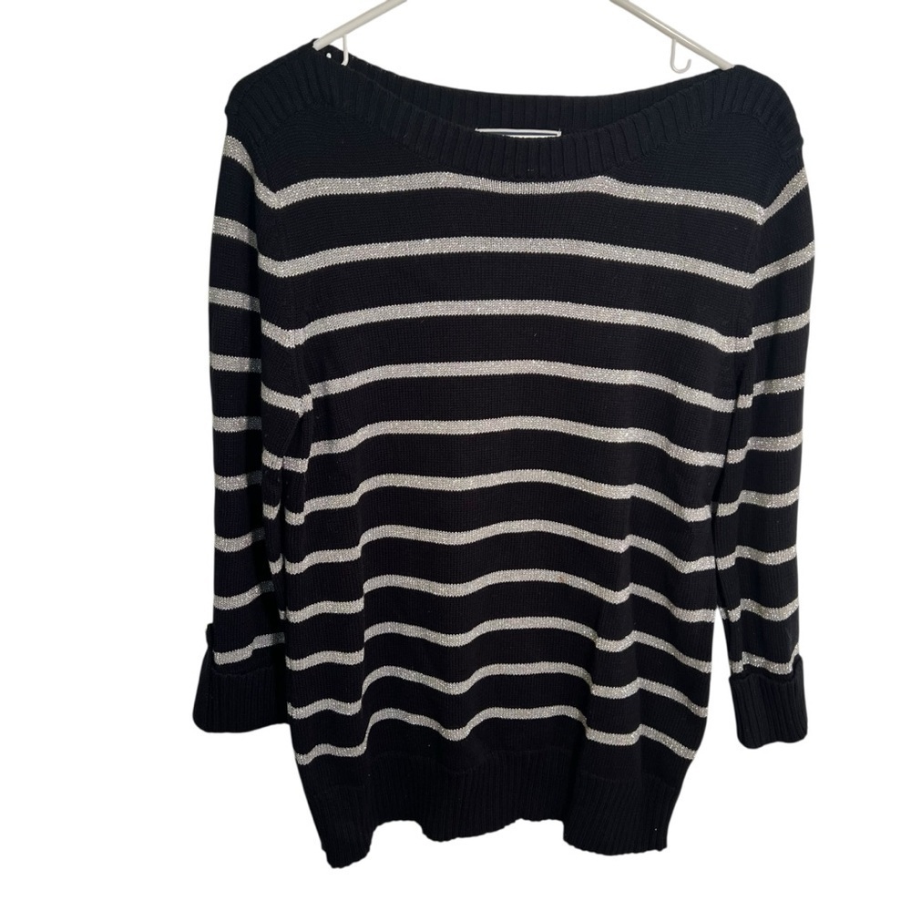 Karen Scott Women's Size Medium Boatneck‎ Sweater Black Silver Metallic Stripes